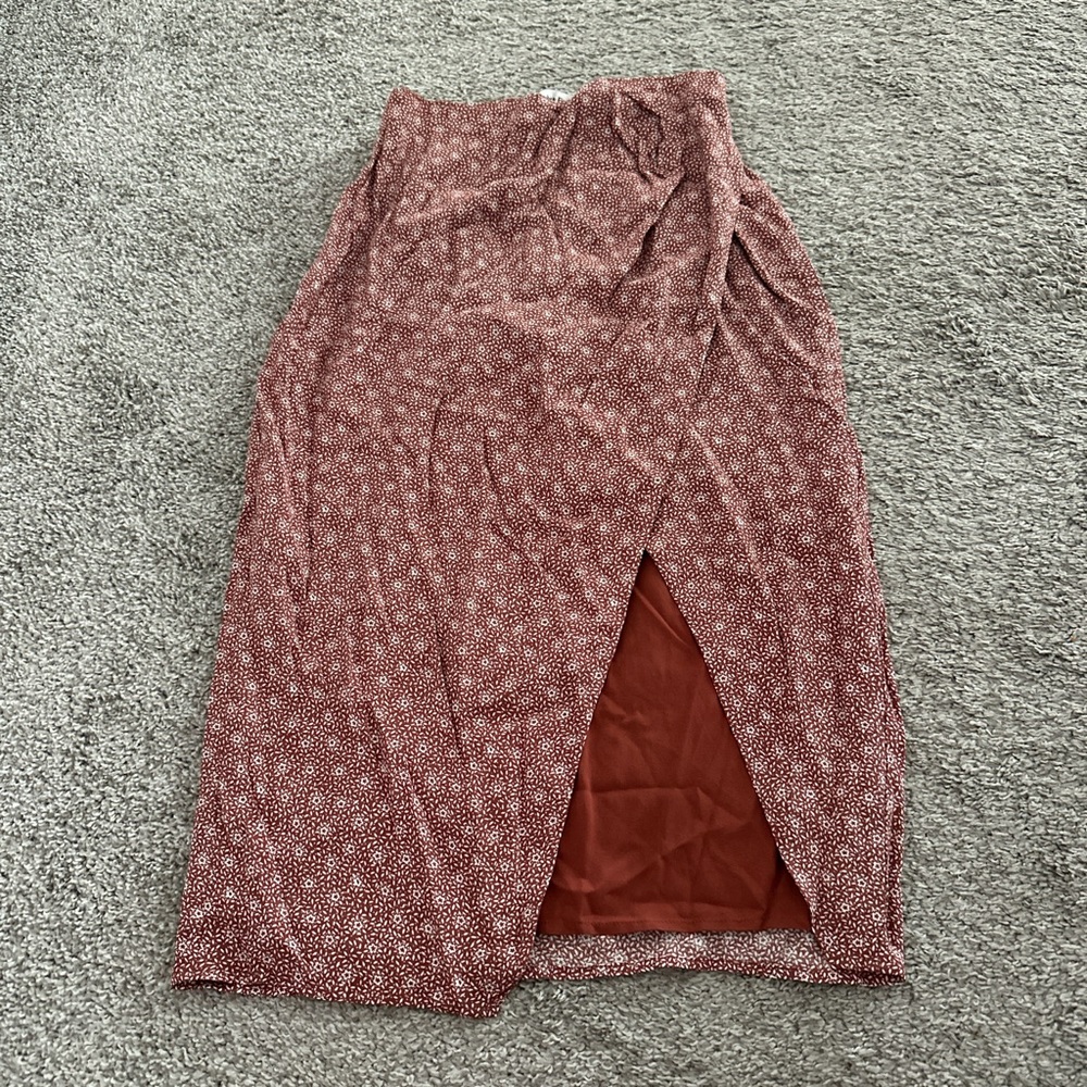 Abercrombie & Fitch Rust Red Floral Midi Skirt with Front Slit